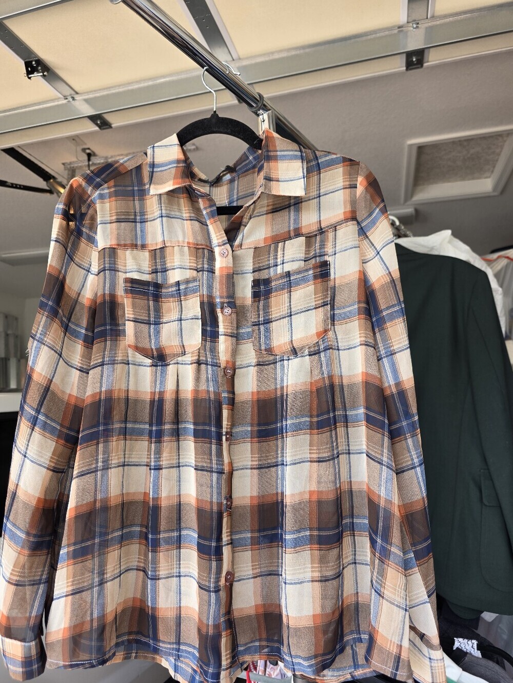 Honey Punch Plaid Button-Up Shirt in Cream, Blue & Rust Size Large - Picture 3 of 5